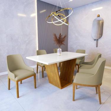 Imagem de Mesa De Jantar Safira 1,6m Off White Com 6 Cadeiras Elisa Veludo Bege Madeira Maciça Castanho