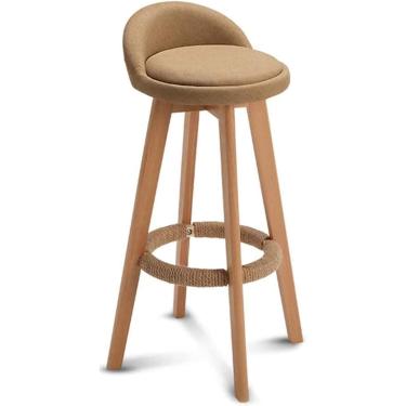 Imagem de Cadeira de bar de restaurante, banco alto giratório de madeira maciça 360 ° com almofada de linho de algodão, apoio para os pés e adesivos antiderrapantes para pés, marrom, 70 cm