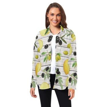 Imagem de KLL Wood Lemons camisas masculinas de manga comprida com botões para mulheres gola com bolsos PP, Limões de Madeira, P