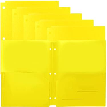 Imagem de Youngever Pacote com 6 pastas de plástico resistente com dois bolsos, divisórias de fichário com bolso, pasta perfuradora de 3 furos com entalhes, pastas de fichário (amarelo)