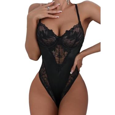 Imagem de RoseSeek Body feminino com alça cruzada de renda transparente sexy costas nuas alça de espaguete lingerie modelador corporal modelador, Preto, G
