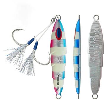 Imagem de OCEAN CAT 1 peça isca de pesca plana de metal de chumbo lento arremesso de pesca isca vertical de colheres pintadas com gancho de borboleta para pesca em água salgada (azul e rosa, 250 g)