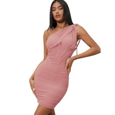 Imagem de Camisa Feminina One Shoulder Mesh Panel Ruched Bodycon Dress (Color : Dusty Pink, Size : X-Small)