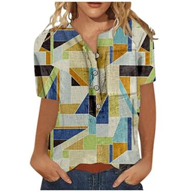 Imagem de Camisetas longas com estampa floral folgada para mulheres outono verão manga curta gola V camisa de linho feminina 2024 Y2K, E-434 multicolorido, 3G