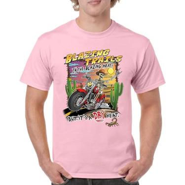 Imagem de Camiseta Blazing Trails Skeleton Biker Riding Motorcycle Dry Heat Highway Cowboy Skull Cactus Southwest Men's Tee, Rosa claro, P