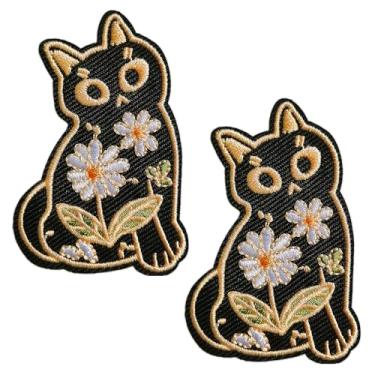 Imagem de CHBROS 2 peças "Flores crescem em gatos" aplique bordado engraçado de ferro/costurar em adesivos para roupas, jaquetas, camisetas, mochilas