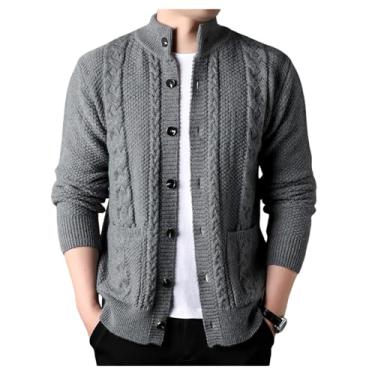 Imagem de Cardigã masculino de malha canelada suéter de malha com bolso cor sólida manga longa casual, Cinza, 3G
