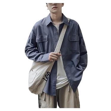 Imagem de Camisetas masculinas de manga comprida, ajuste relaxado, com botões, aba e bolso, lapela e sensação suave, Azul, G