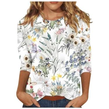 Imagem de Camisetas femininas de verão 2024 manga 3/4 de comprimento elegantes casuais modernas para férias camisetas de cruzeiro, Ofertas relâmpago amarelo, P