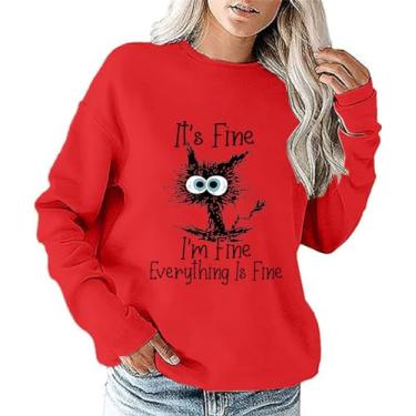 Imagem de It's Fine I'm Fine Everything Is Fine Moletom engraçado com estampa de gato, camiseta feminina de manga comprida, Fnw0002-vermelho, M