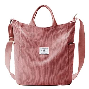Imagem de KALIDI Bolsa Hobo de veludo cotelê, bolsa transversal, bolsa de ombro de grande capacidade com zíper para mulheres, mulheres, meninas, escola, faculdade, compras, trabalho, Rosa, L