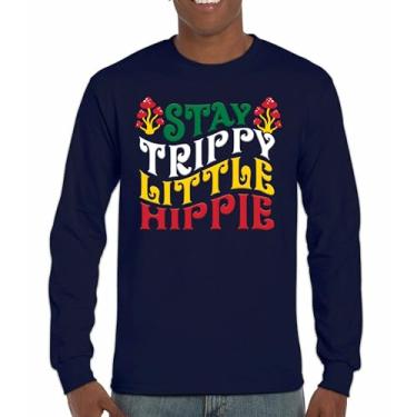 Imagem de Camiseta de manga comprida com estampa "Stay Trippy Little Hippie" Hippies Vintage Peace Love Happiness Retro 70s Cogumelos, Azul marinho, GG