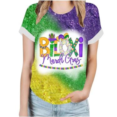 Imagem de Camiseta feminina Mardi Gras de manga curta estampada camisetas de férias camisetas casuais folgadas blusas de carnaval, A07#multicor, 4G