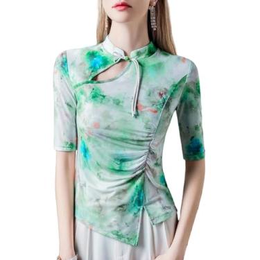 Imagem de Yueary Camiseta feminina de manga curta com estampa de patchwork plissada, elegante, estilo chinês, retrô, caimento justo, pulôver, Verde, G