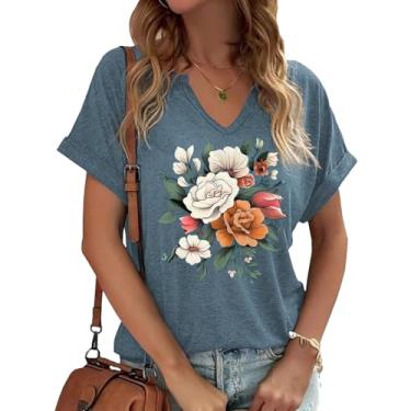 Imagem de Camiseta feminina Boho floral gola V verão vintage flores estampadas colorido flores silvestres casual casual camiseta botânica, Azul - 2, G