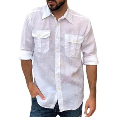 Imagem de Camisetas masculinas primavera outono algodão linho manga comprida bolso duplo ferramentas lapela camisa masculina roupas masculinas, Branco, PP