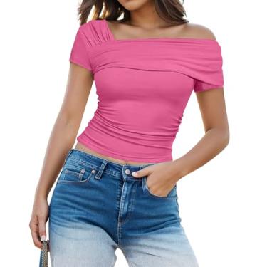 Imagem de Camiseta feminina com ombro de fora, manga curta, franzida, lateral, casual, elegante, cropped, Vermelho rosa, M