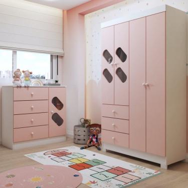 Imagem de Quarto Infantil Completo Escotilha 5 Portas 7 Gavetas Rosa/Branco - Panorama Móveis