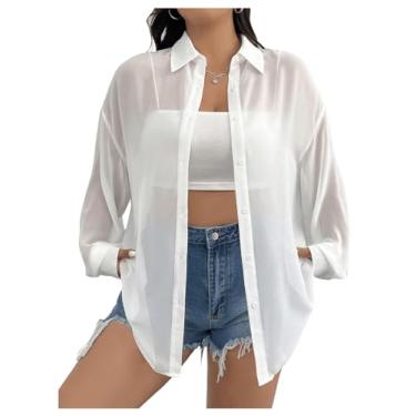 Imagem de GORGLITTER Blusas femininas plus size de chiffon com botões transparentes, manga comprida, gola solta, Branco, XXG Plus Size