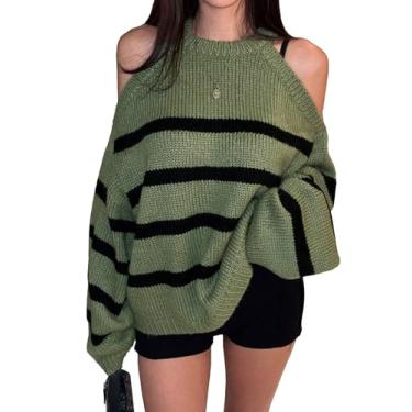 Imagem de SHENHE Suéter feminino listrado ombro vazado manga longa pulôver solto, Verde oliva, P