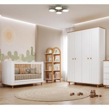 Imagem de Quarto de Bebê Completo Berço e Guarda Roupa 4 Portas 100 MDF Lívia Permobili - Branco Acetinado/Nature