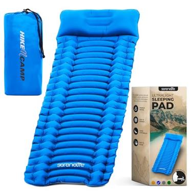 Imagem de SereneLife Almofada de dormir para acampamento – Tapete de dormir compacto com enchimento rápido, leve e resistente a rasgos, colchão de ar para mochila com bolsa de transporte para acampamento,