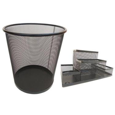 Imagem de Kit Organizador de Mesa e Lixeira de Escritório Prata ou Preto - Marky