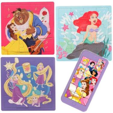 Imagem de Kit 4 Quebra Cabeça Princesa Disney Bela Fera Ariel Rapunzel - Etitoys