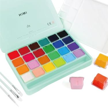 Imagem de HIMI Gouache conjunto de tinta 24 cores vibrantes pinturas não tóxicas com design de copo de gelatina com pincéis de tinta paleta portátil para pintura em tela de artista, papéis de aquarela, pigmento rico, 30 ml/Cup, Green Case, 1