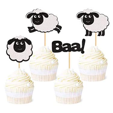 Imagem de Ercadio 24 Pack Sheep Cupcake toppers Black Glitter Farm Animals Cupcake Picks Sheep Baa Cupcake Decors Sheep Theme Baby Shower Birthday Party Supplies