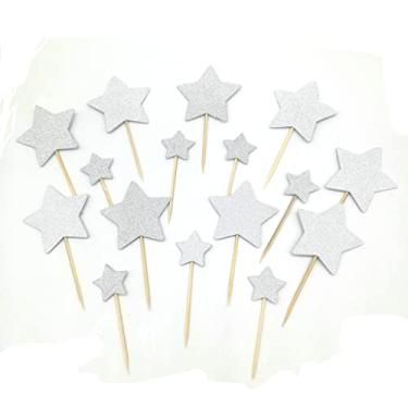 Imagem de Twinkle Twinkle Little Star Cupcake Toppers Glitter Mini Birthday Cake Snack Decorations Picks Suppliers Party Accessories for Wedding Shower 40PC (Silver)