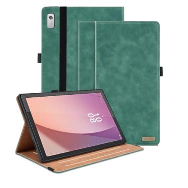 Imagem de Capa para Lenovo Tab M9 22.9 cm 2023 (TB-310FU) / Nook 22.9 cm Lenovo Tablet 2024, capa inteligente de visualização multiângulo com bolso, capa flip flip de couro PU empresarial - verde
