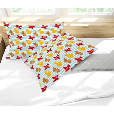 Imagem de Par de Fronhas Estampadas Listras Ursinho, Pato e Avião 50x70cm - Core