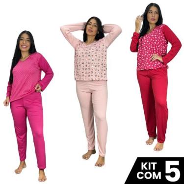 Imagem de Kit 5 Pijamas Blusa Manga Comprida Estampada e Calça Lisa Confortável 