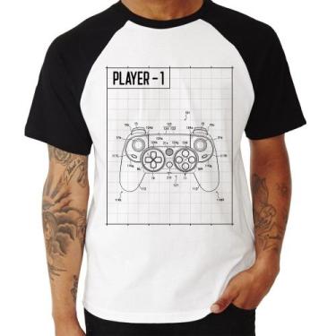 Imagem de Camiseta Raglan Player 1 Controle Joystick - Foca na Moda, Branco, Pre
