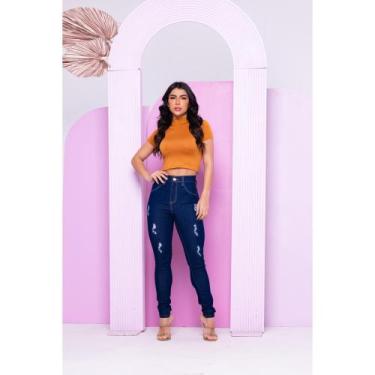 Imagem de Calça Jeans Escura Rasgada Skinny Feminina Cos Alto Levanta Bumbum Pre