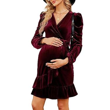 Imagem de KOJOOIN Vestido de veludo Marternity com decote em V bufante manga comprida com babados vestido midi com cinto chá de bebê sessão de fotos, Vinho tinto, P