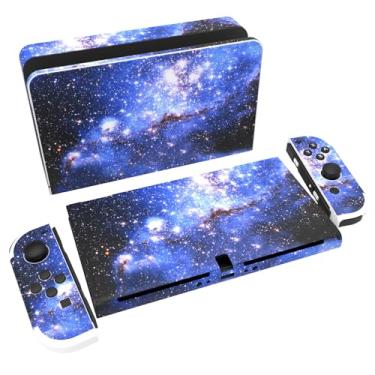 Imagem de PlayVital Conjunto completo de adesivos de proteção para Nintendo Switch OLED, capas de decalque de vinil personalizadas para console Switch OLED e Joycon e Dock & Grip - Blue Galaxy