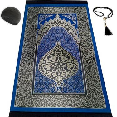 Imagem de Kapobia Tapete de oração muçulmana, contas de oração, chapéu Kufi para homens e mulheres, 100% respirável, crânio, preto, gorro tradicional, tapete de oração, presente Eid, Ramadã, conjunto islâmico,