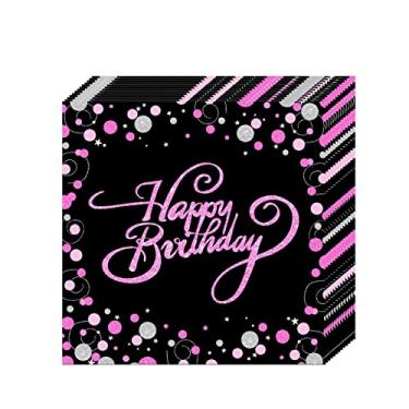 Imagem de Guardanapos de papel descartáveis Happy Birthday preto e rosa para adultos e crianças, festa de aniversário bebida papel coquetel 33 x 33 cm, 16,5 x 16,5 cm