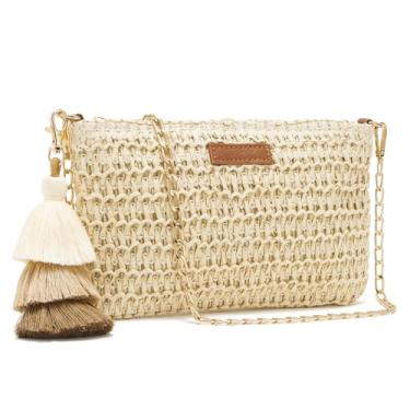 Imagem de WEIMZC Bolsa de palha pequena para mulheres bolsas de verão bolsa envelope de tecido de praia bolsa de ombro ráfia, bolsa transversal de palha boho, Bege quadrado, 9.05 inches (L) x 5.9 inches (H)