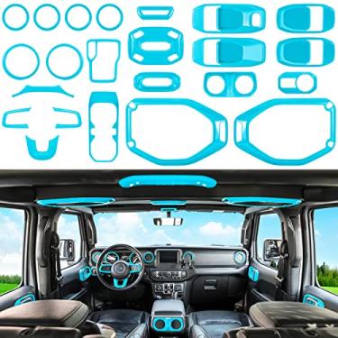 Imagem de Conjunto completo de 23 peças de decoração de interiores Kit de acabamento para Jeep Wrangler JL JLU Gladiator JT 2018-2021 Maçaneta para volante de ar condicionado Suporte para copo de ventilação luz de leitura Capa de engrenagem de farol (azul claro)