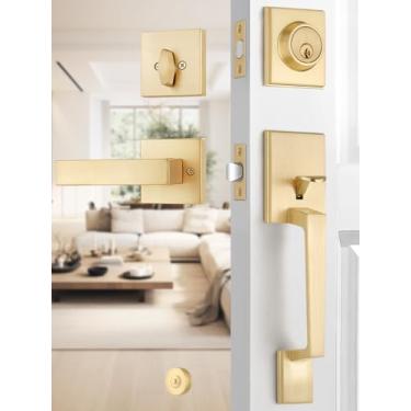 Imagem de Fechaduras de porta de entrada com fecho, maçaneta de porta de entrada frontal dourada, maçaneta externa com fechadura única, acabamento em latão acetinado, alavanca de porta reversível, maçanetas