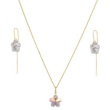 Imagem de Conjunto Colar 40cm Flor Cristal Pingente Brincos Ouro 18k - DR Joias,