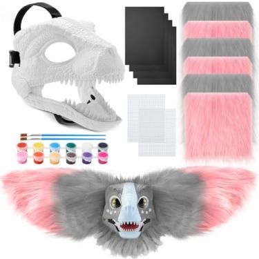 Imagem de Seenelling 13 Pcs DIY Dino Mask Kit Hard Plastic Dinosaur Mask Furry Therian Dino Costume Kit Animal Dinosaur Party Costume(Gray, Pink)