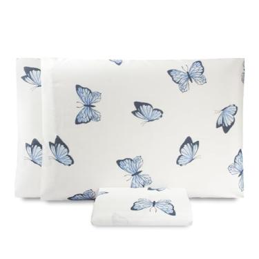 Imagem de Jogo de Lençol Casal Padrão 3 Peças 150 Fios Com Elástico Estampado (Borboleta Azul)