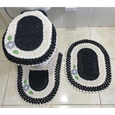 Imagem de Jogo de Tapete para Banheiro em Crochê Mesclado com Aplicação 3 Peças (Cinza Escuro)
