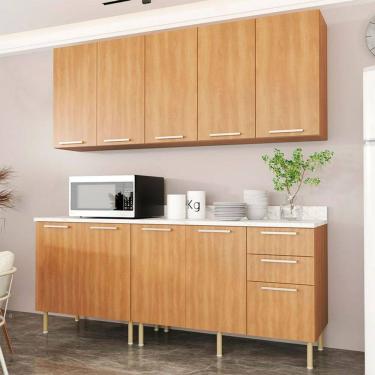 Imagem de Cozinha Compacta Girassol CZ1100 200cm 04 Peças 09 Portas e 03 Gavetas com Divisor de Talheres Freijó Mármore Branco Tecnomobili