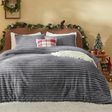 Imagem de Conjunto de edredom Bedsure Fluffy Faux Fur King Size cinza claro