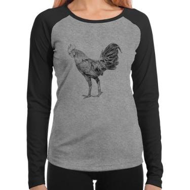 Imagem de Baby Look Raglan Galo Desenho Manga Longa - Foca na Moda, Cinza, Preto